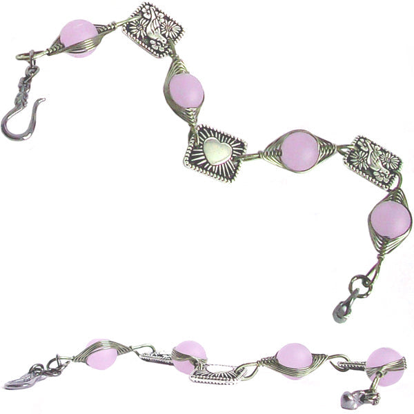Artisan art bracelet gun metal cultured SEA GLASS wire-wrapped . 10mm round, 8x8mm square pewter flat detailed beads & hook clasp - lavender pink
