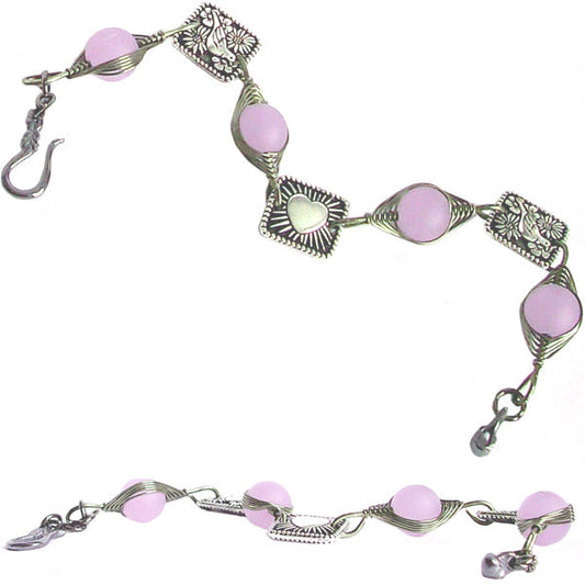Artisan art bracelet gun metal cultured SEA GLASS wire-wrapped . 10mm round, 8x8mm square pewter flat detailed beads & hook clasp - lavender pink