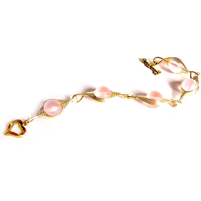 Artisan bracelet gold cultured SEA GLASS wire-wrapped non-tarnish 10mm round beads & toggle clasp - pink