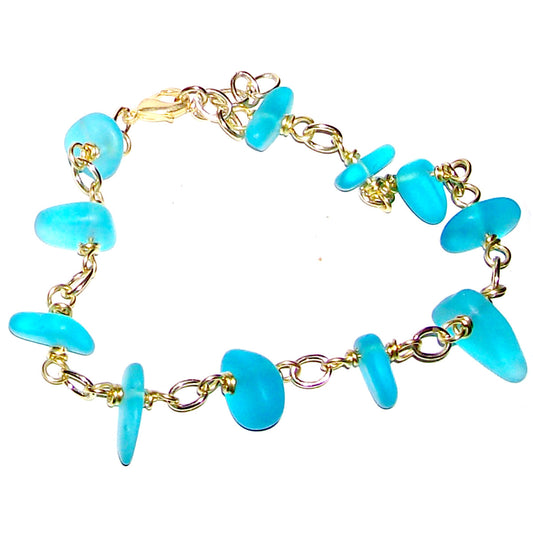 01 Artisan gold/silver twisted wire links, cultured sea glass small nugget beads bracelet | aka, beach tumbled | Blue