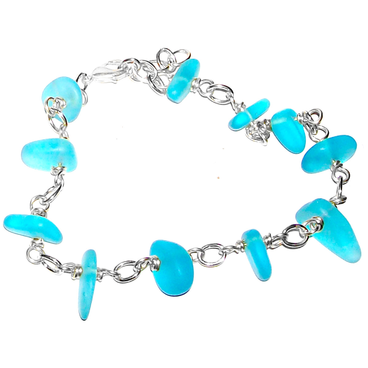 01 Artisan gold/silver twisted wire links, cultured sea glass small nugget beads bracelet | aka, beach tumbled | Blue