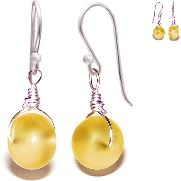 Artisan sterling silver Sea Glass earrings 14mm rondelle wire-wrapped - yellow gold