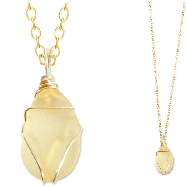Artisan GOLD wire-wrapped Sea Glass LEMON yellow pendant | 18" chain necklace
