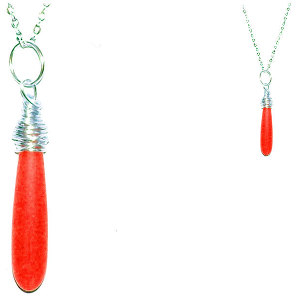 Artisan SILVER wire-wrapped Sea Glass 3D Drop bead pendant Orange | 18" chain necklace