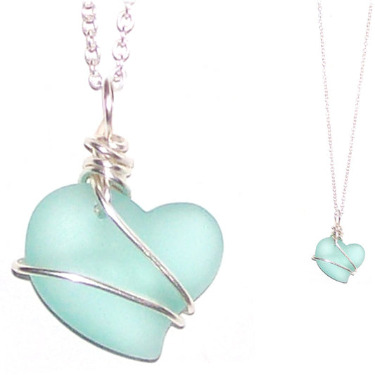 Artisan art cultured SEA GLASS HEART necklace silver non-tarnish 18mm wire-wrapped pendant & silver-plated chain | U PICK