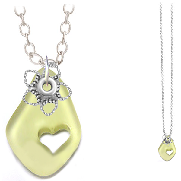Artisan silver necklace cultured SEA GLASS 32x20mm freeform carved out heart pendant chain U PICK 1 or all 6