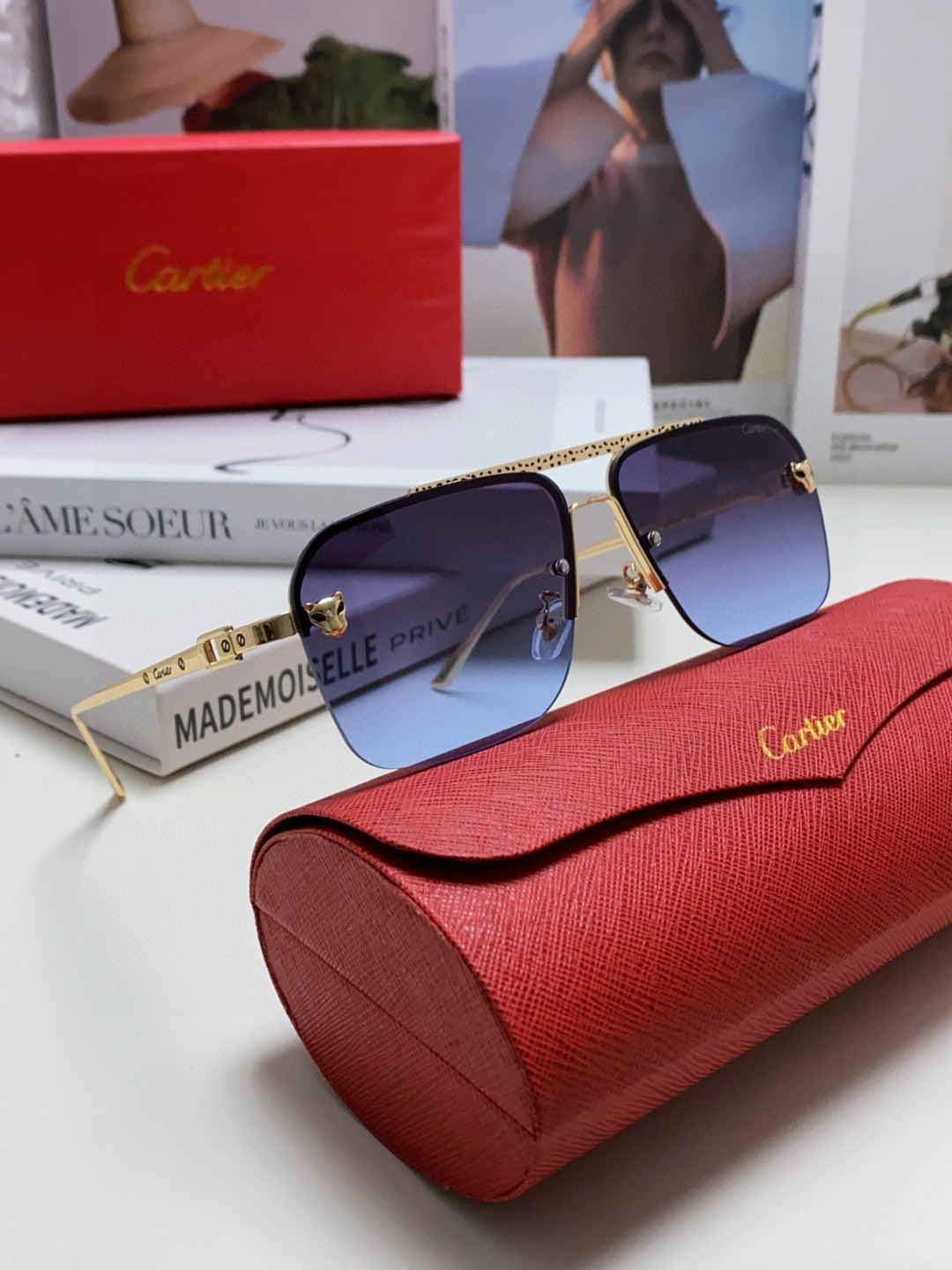 Cartier Lightweight Rimless Blue Lens Sunglasses for Men & Women - 449445 - detail image 7