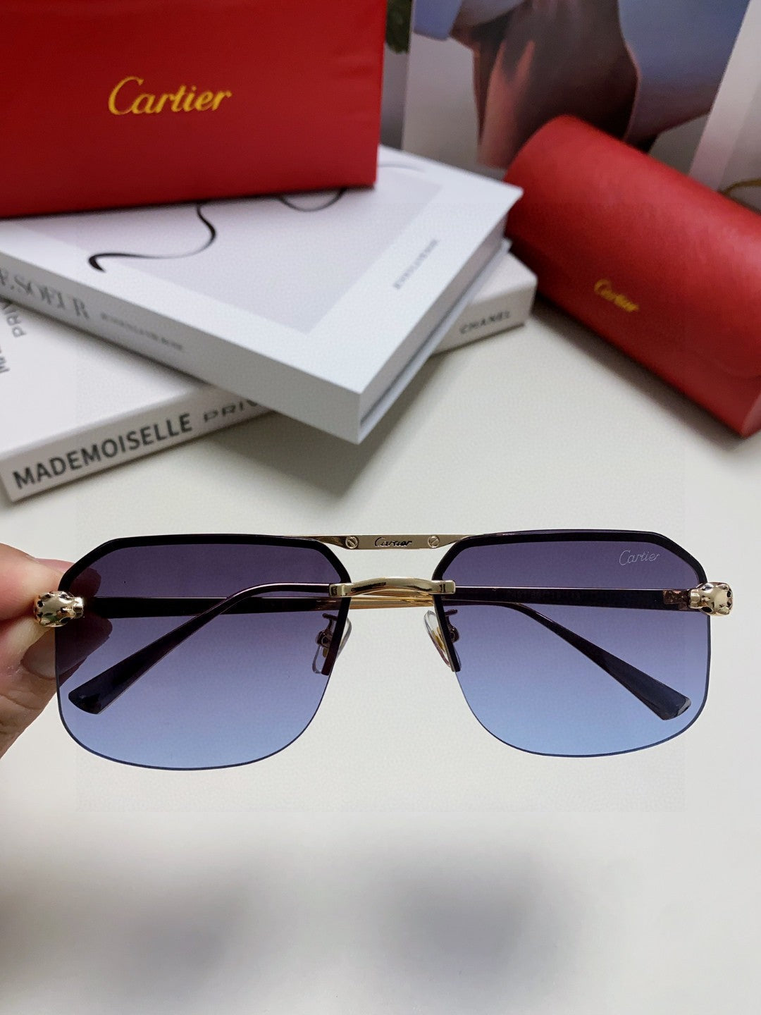 Cartier Metal Square Blue Lens Sunglasses for Men & Women - 449453 - detail image 2