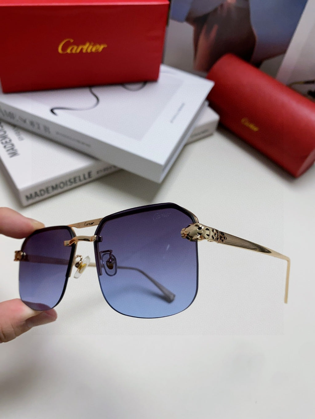Cartier Metal Square Blue Lens Sunglasses for Men & Women - 415858 - detail image 4