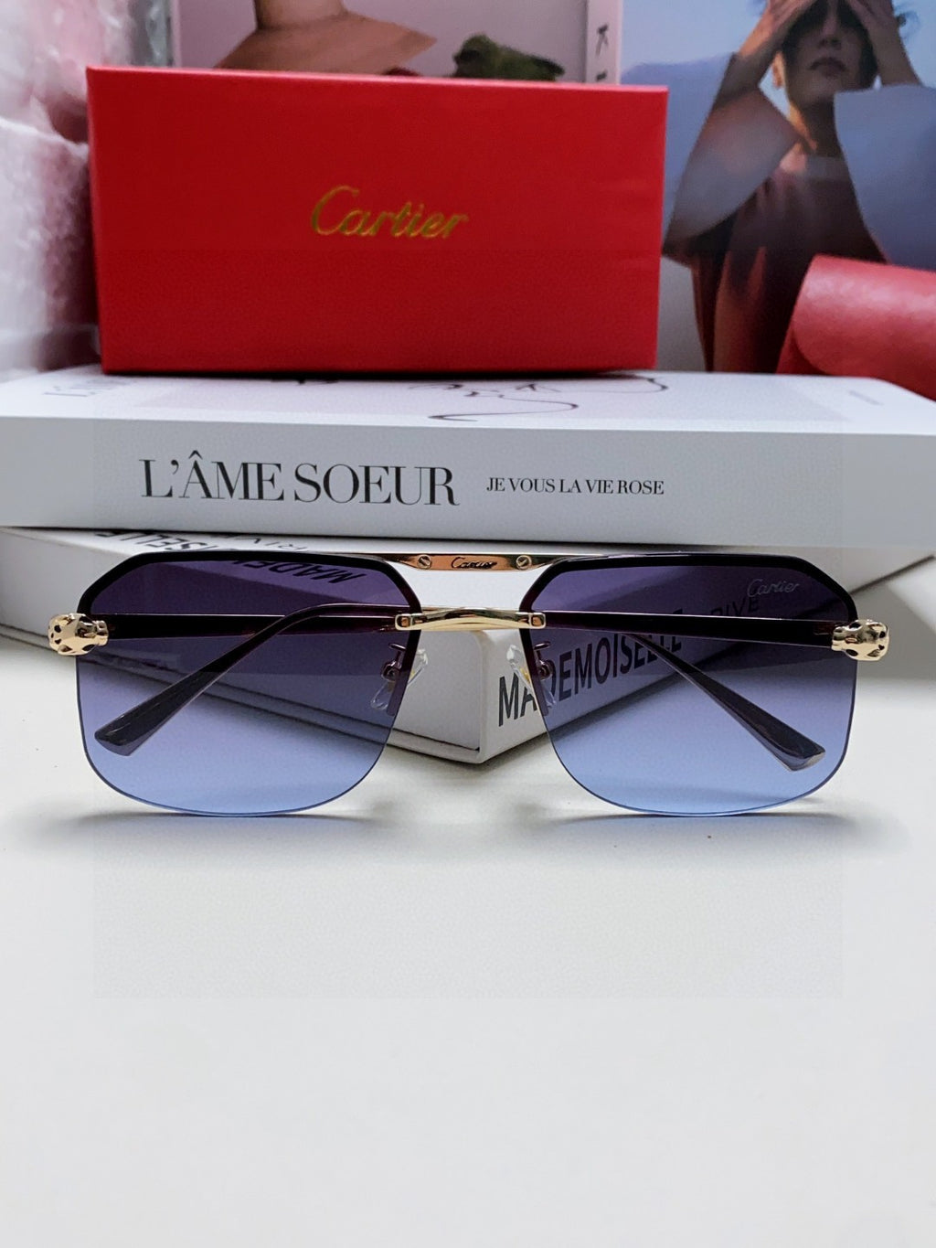 Cartier Metal Square Blue Lens Sunglasses for Men & Women - 449453 - detail image 5