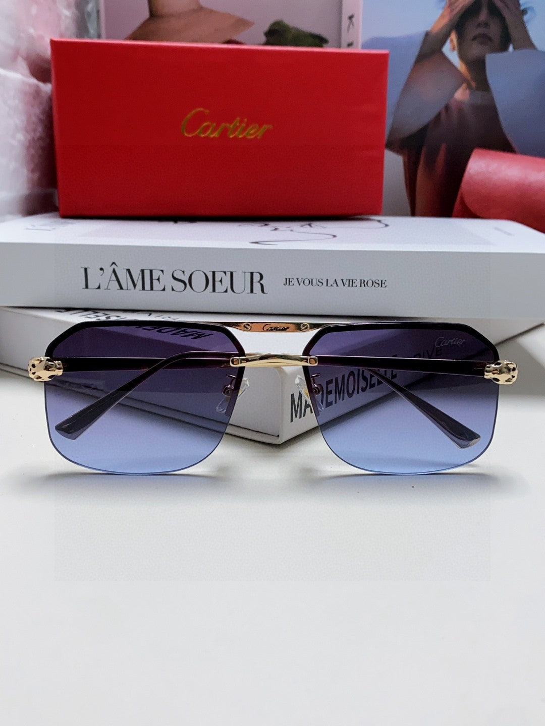 Cartier Metal Square Blue Lens Sunglasses for Men & Women - 449453 - detail image 5