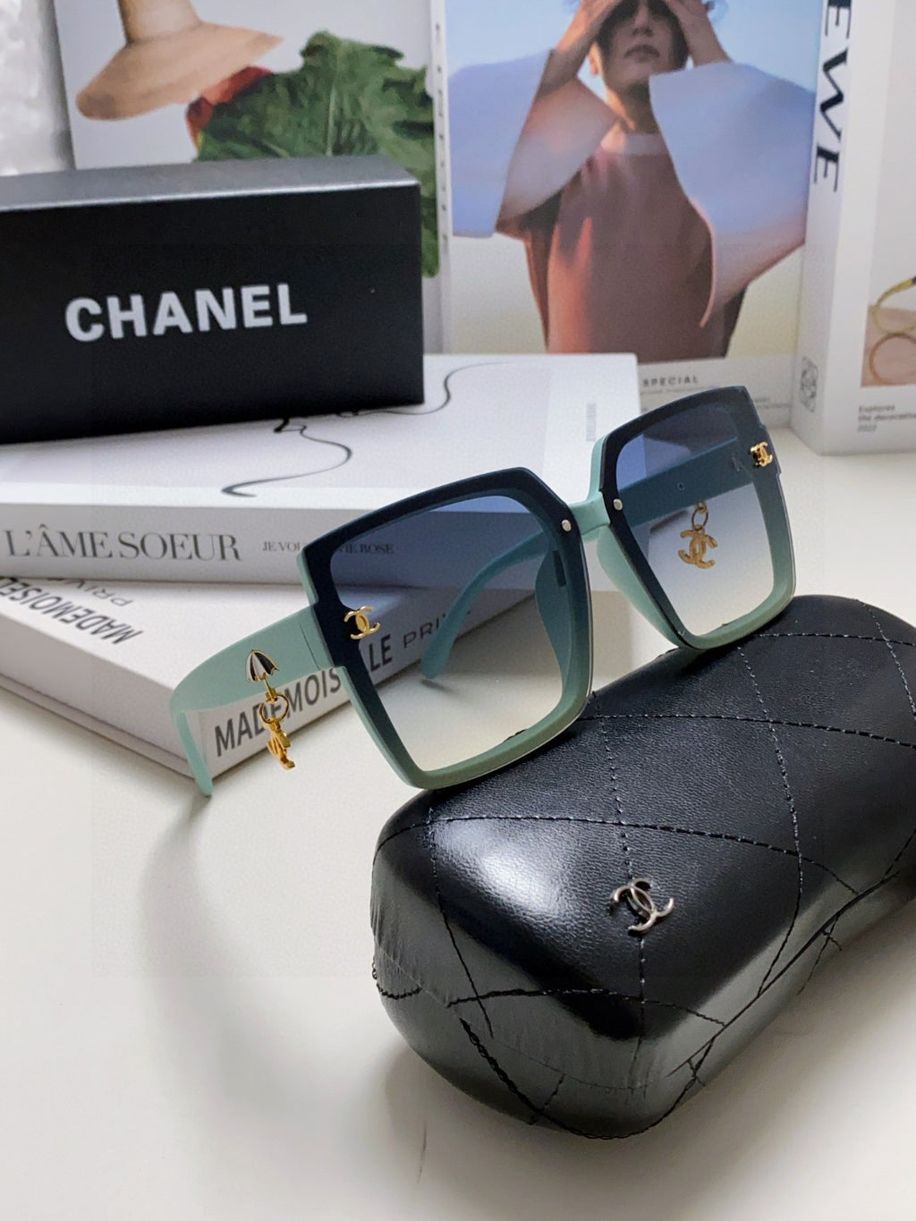 Chanel Photochromic Oversized Blue Lens Sunglasses for Men & Women - detail image 6