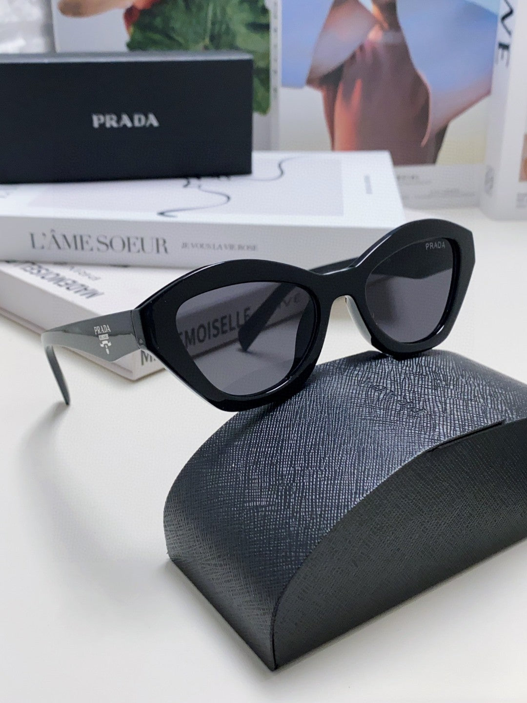 Prada Acetate Cat-Eye Black Lens Sunglasses for Men & Women - detail image 9