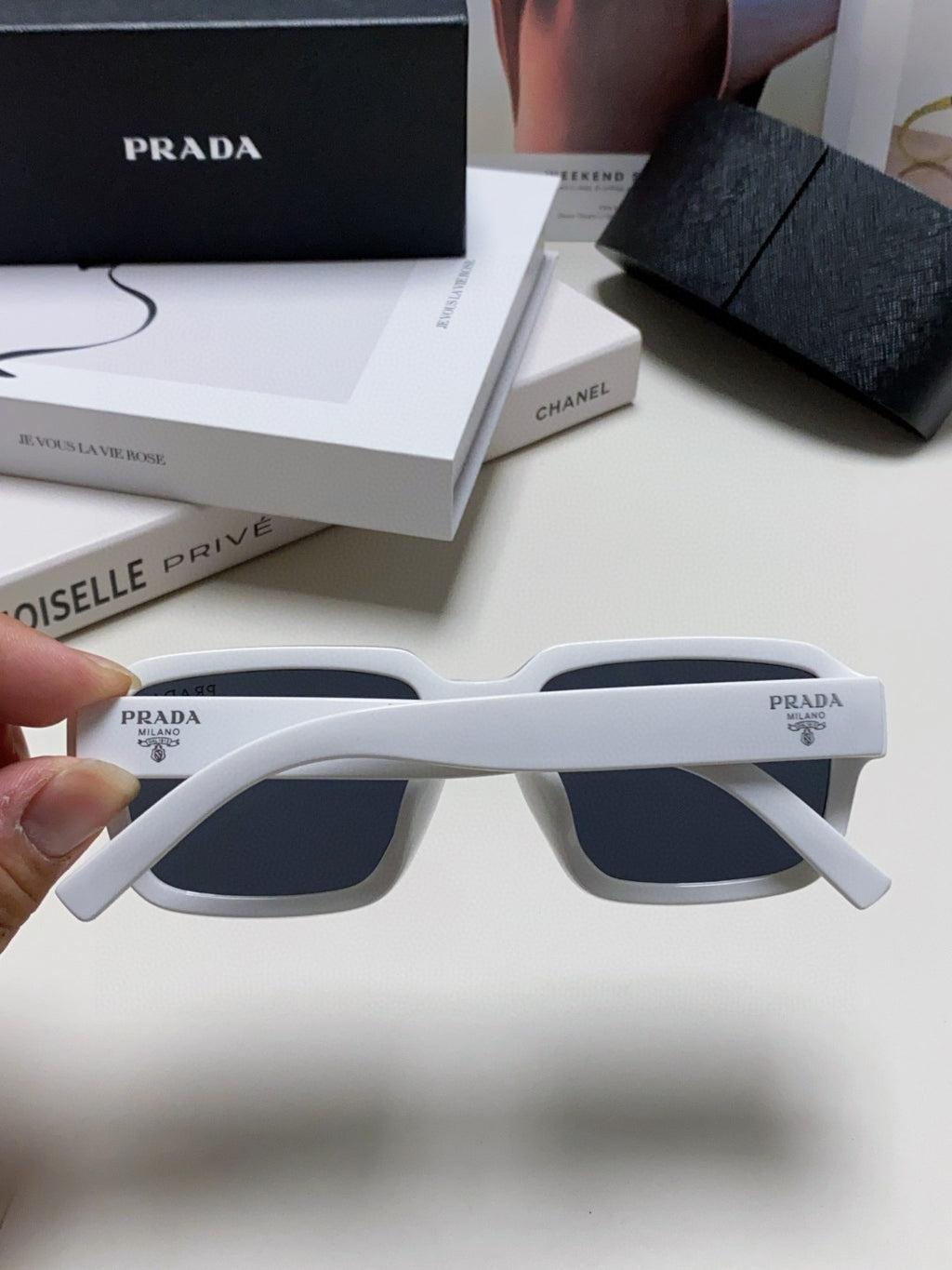 Prada Rectangular Blue Lens Sunglasses for Men & Women - detail image 4