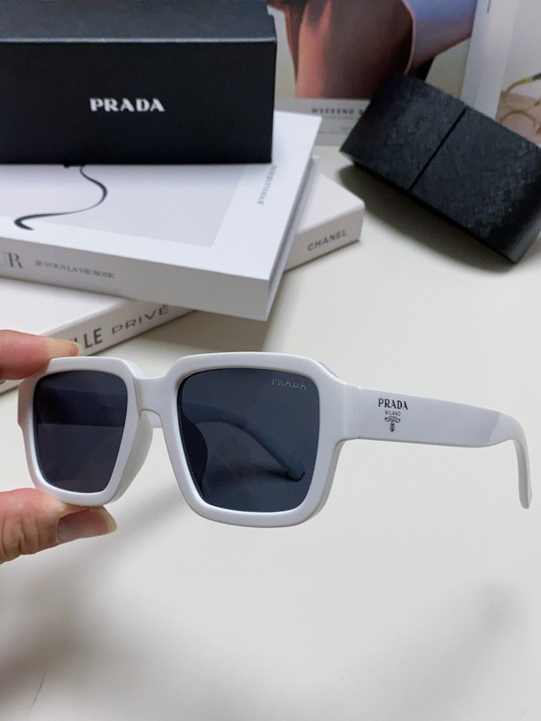 Prada Rectangular Blue Lens Sunglasses for Men & Women - detail image 5