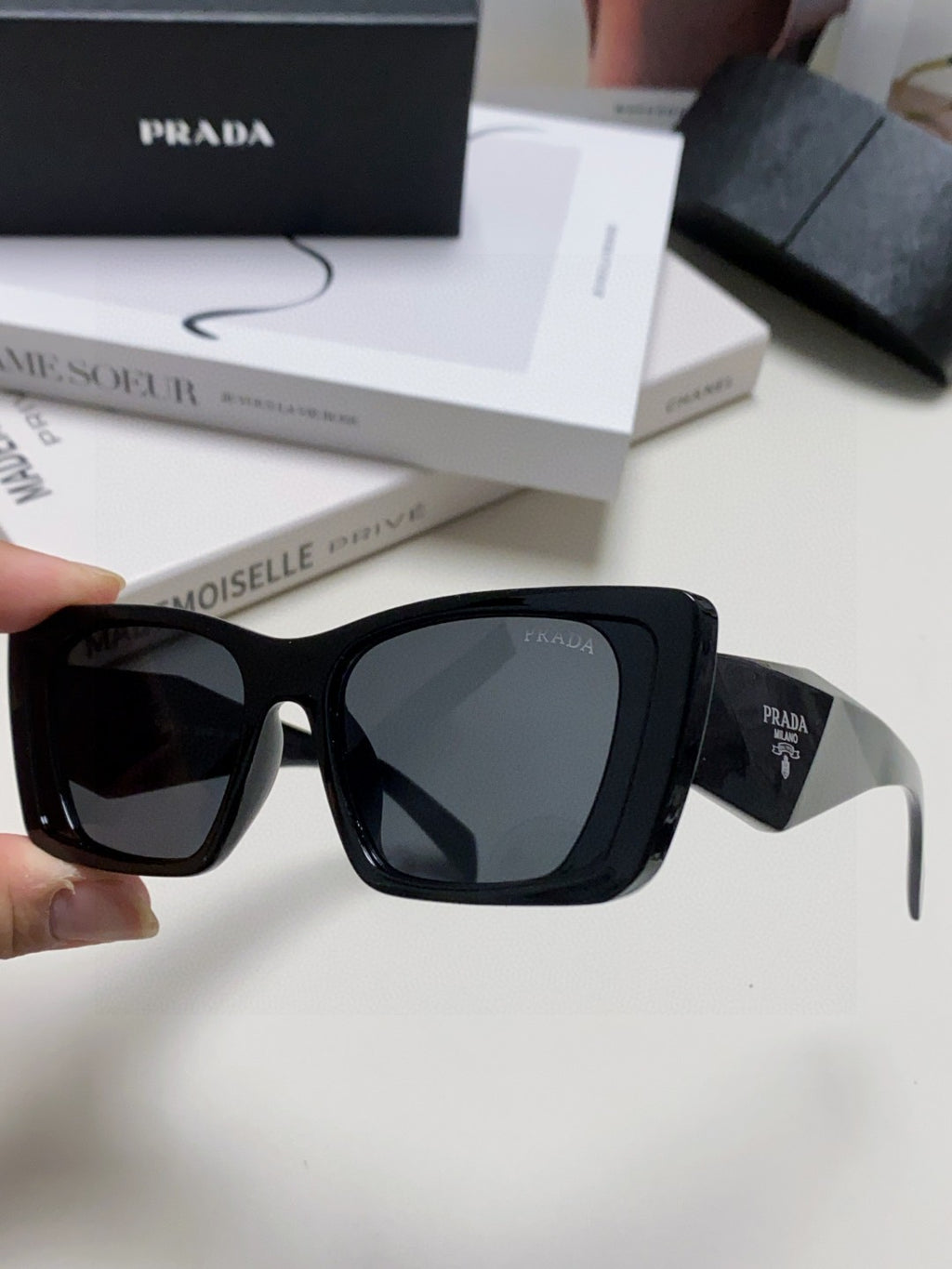 Prada 08YSF Browline Black Lens Sunglasses for Men & Women - detail image 5