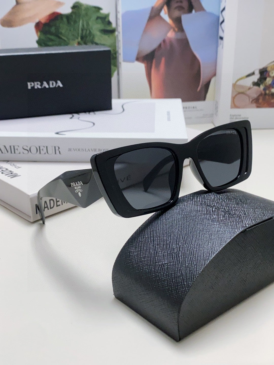 Prada 08YSF Browline Black Lens Sunglasses for Men & Women - detail image 7