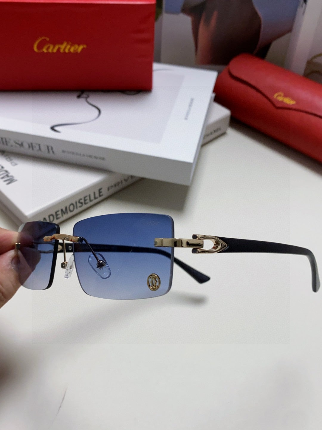 Cartier Blue-Light Rimless Blue Lens Sunglasses for Men & Women - 432354 - detail image 5