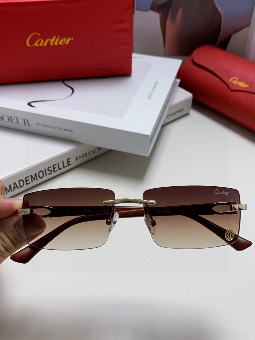 Cartier Blue-Light Rimless Gray Lens Sunglasses for Men & Women - 998249 - detail image 3