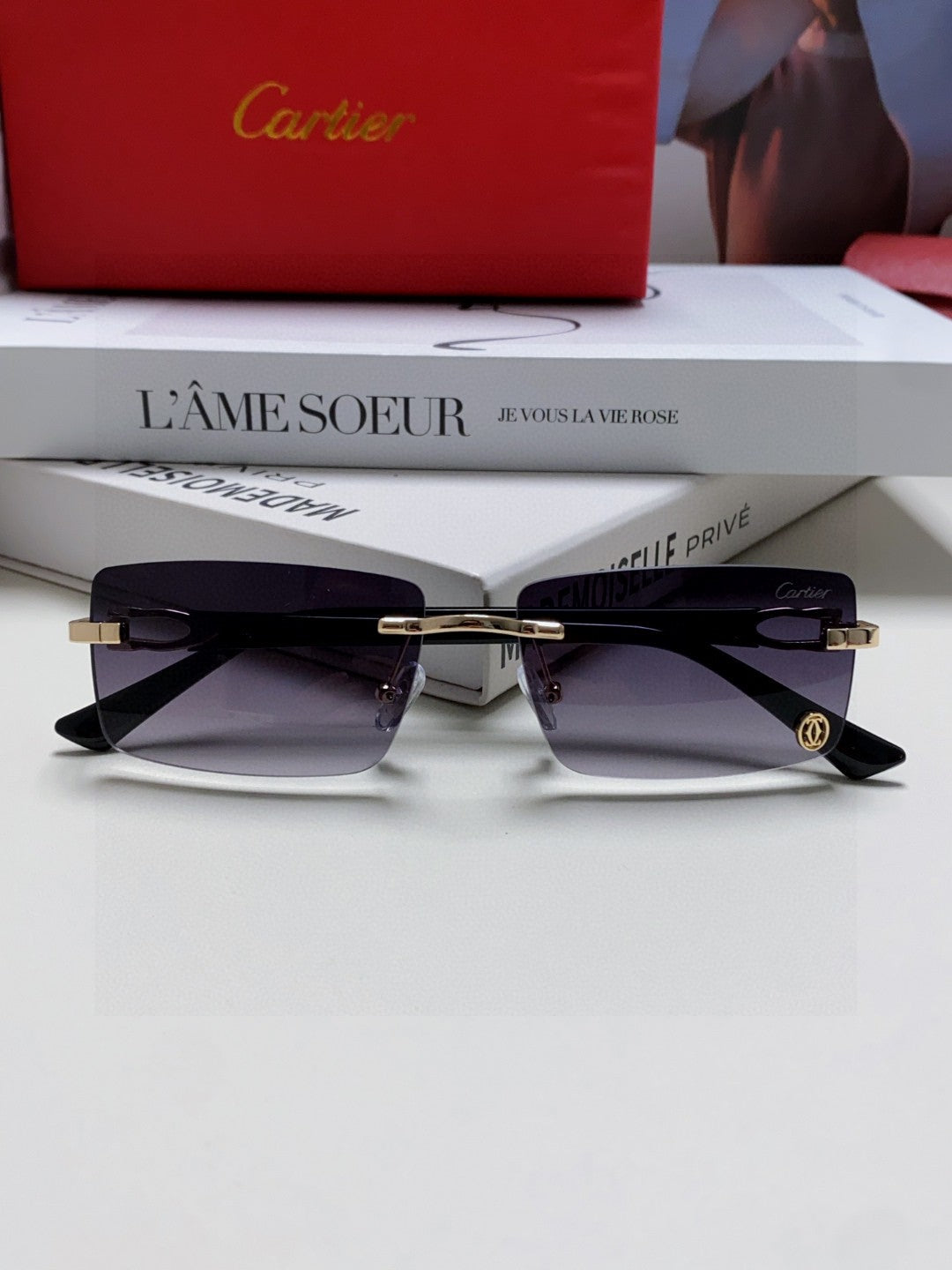 Cartier Blue-Light Rimless Gray Lens Sunglasses for Men & Women - 998250 - detail image 6