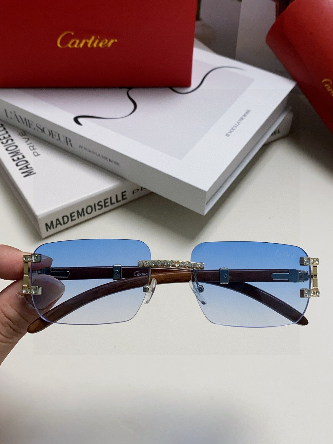 Cartier Lightweight Rimless Blue Lens Sunglasses for Men & Women - 382805 - detail image 3