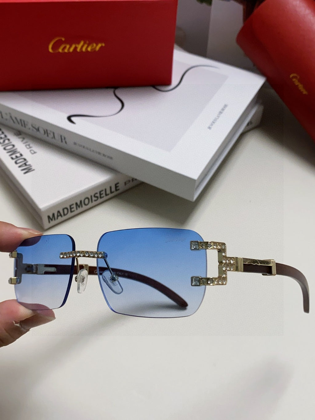 Cartier Lightweight Rimless Blue Lens Sunglasses for Men & Women - 382805 - detail image 5