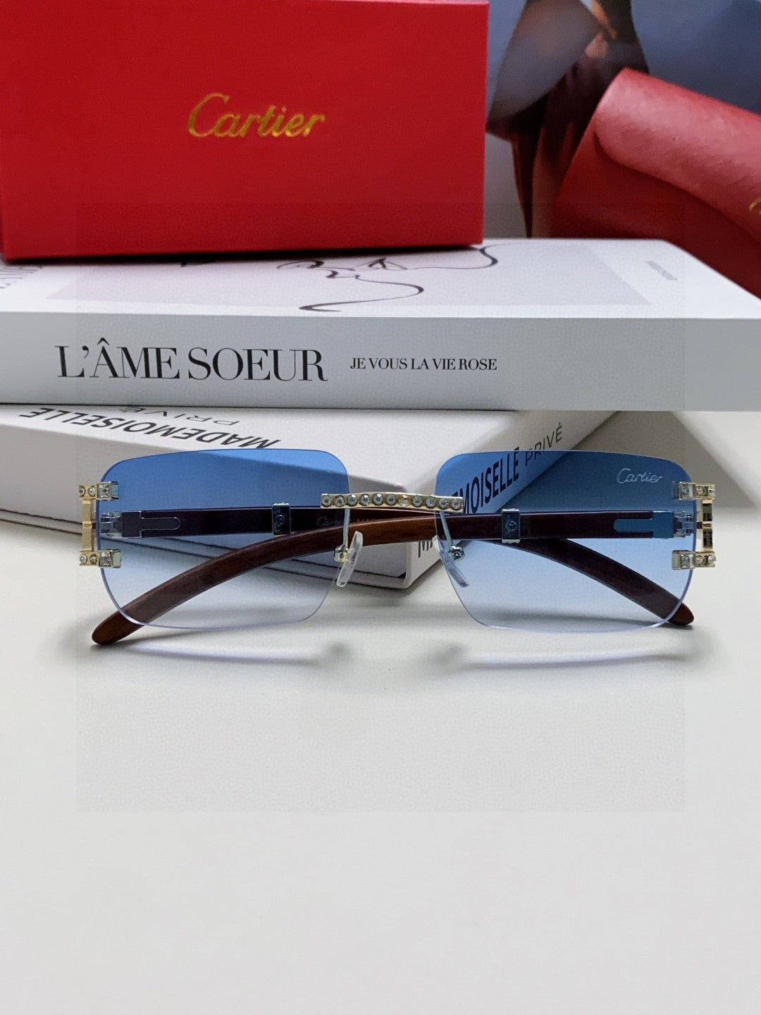 Cartier Lightweight Rimless Blue Lens Sunglasses for Men & Women - 382805 - detail image 6