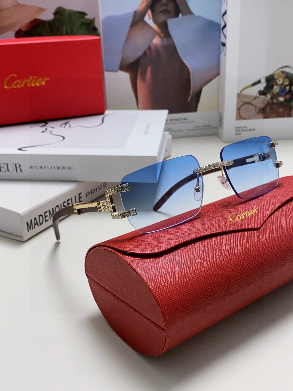 Cartier Lightweight Rimless Blue Lens Sunglasses for Men & Women - 382805 - detail image 7