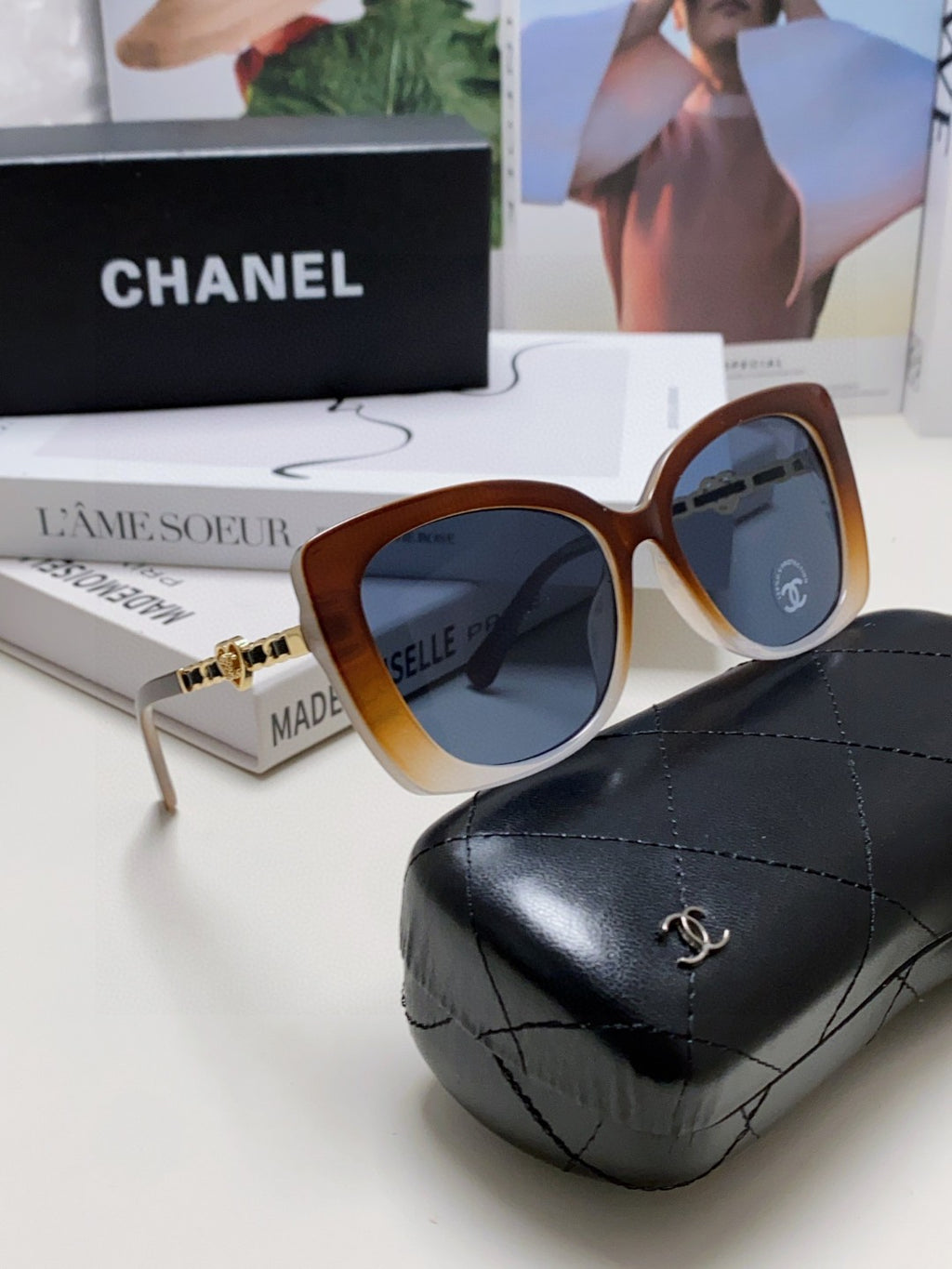 Chanel Metal Cat-Eye Blue Lens Sunglasses for Women - 382162 - detail image 7