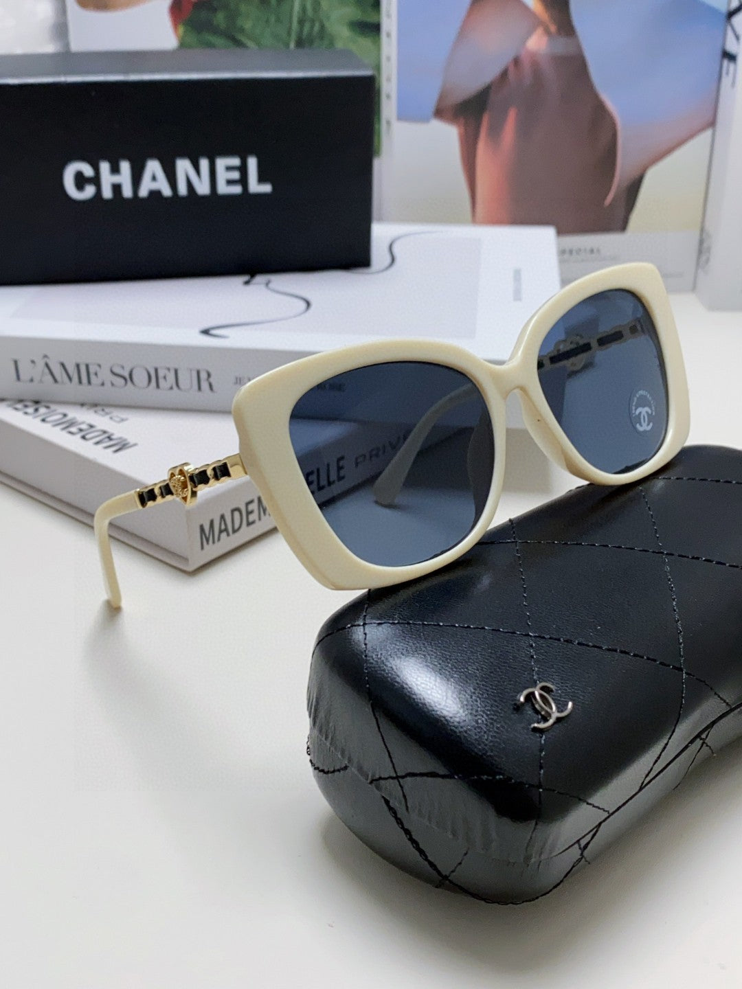 Chanel Metal Cat-Eye Blue Lens Sunglasses for Women - 382164 - detail image 7
