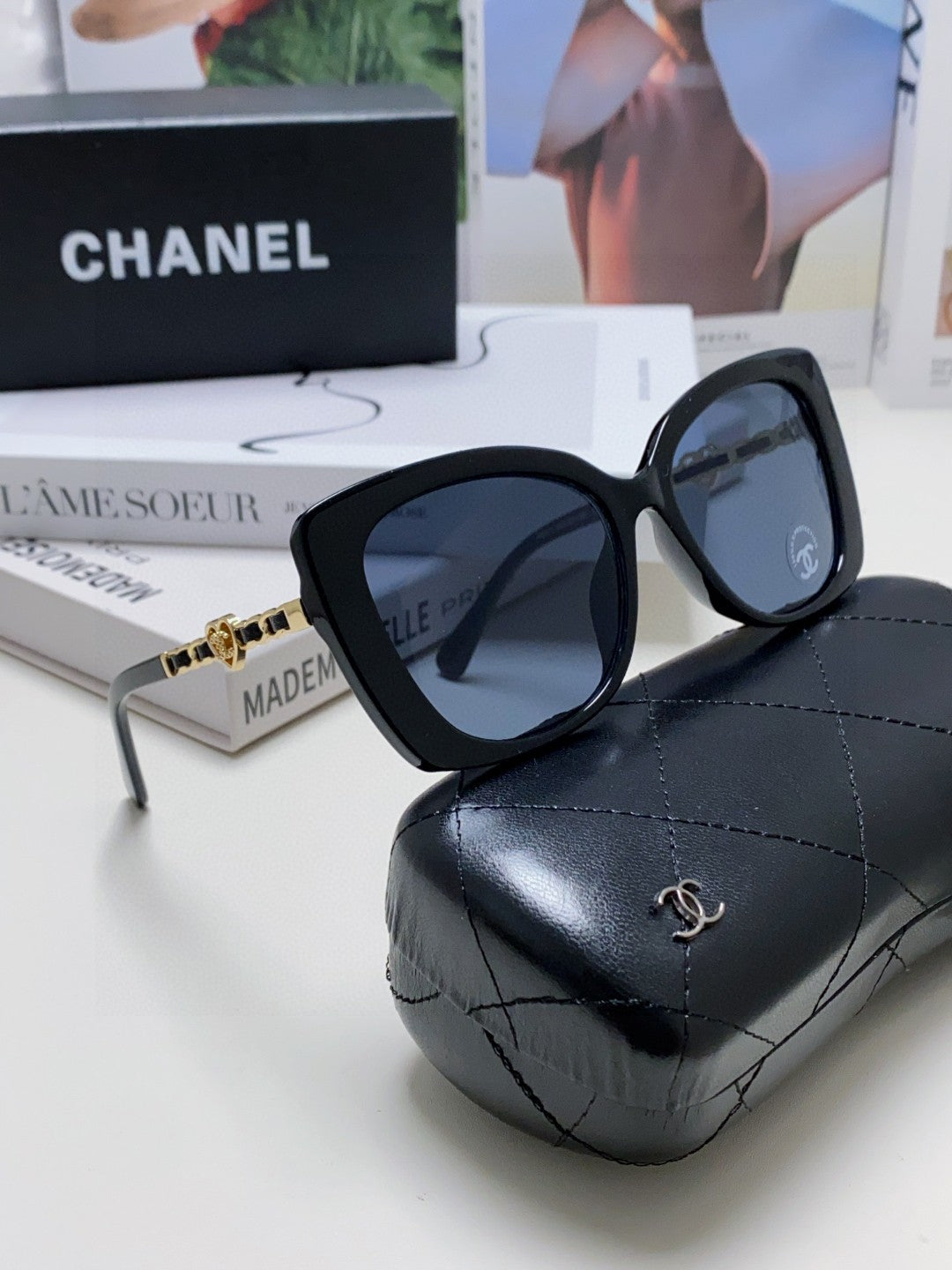 Chanel Metal Cat-Eye Blue Lens Sunglasses for Women - 382165 - detail image 7