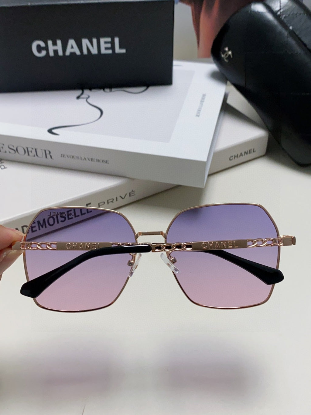Chanel Metal Oversized Purple Lens Sunglasses for Men & Women - detail image 3