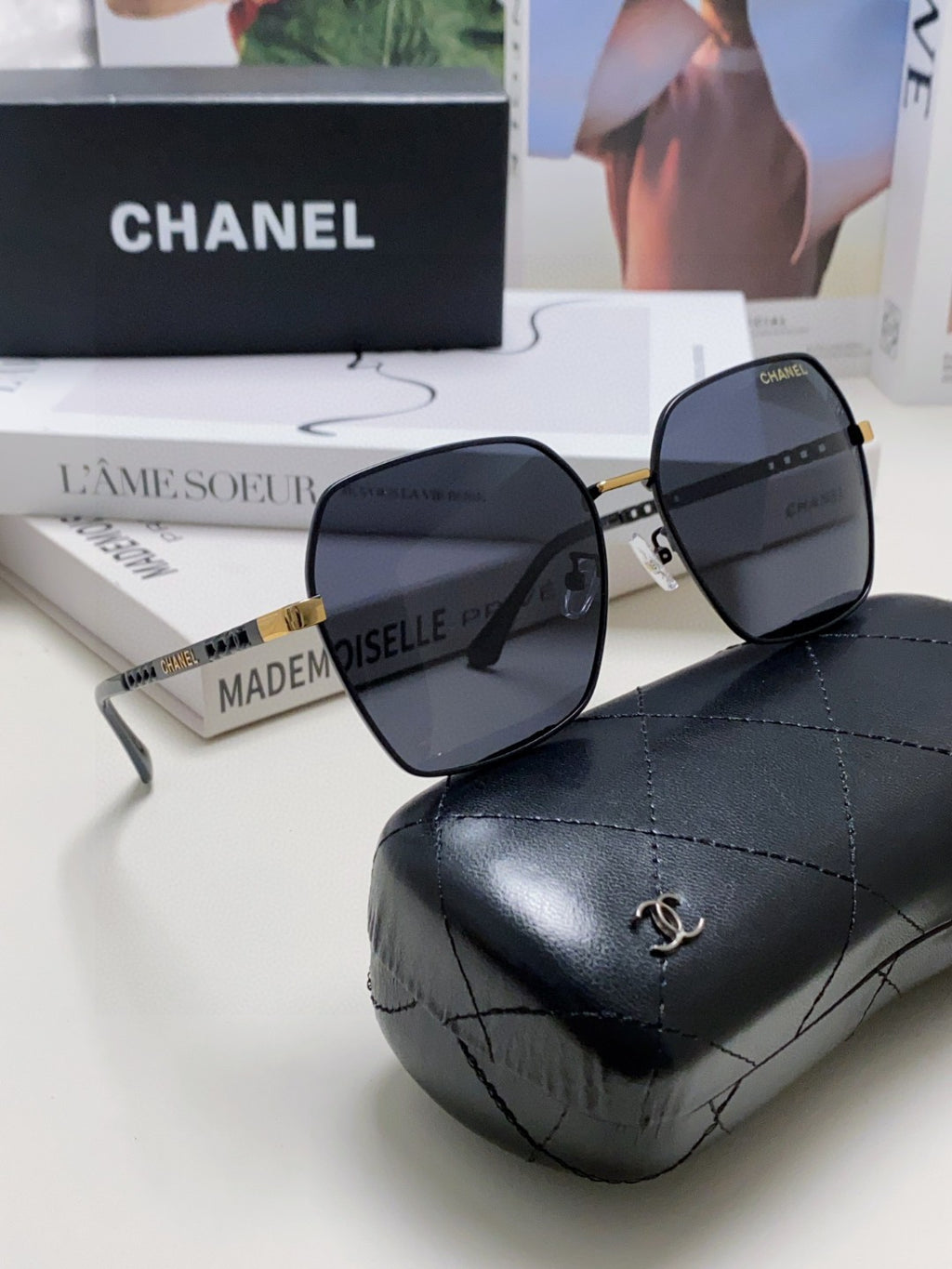 Chanel Metal Oversized Black Lens Sunglasses for Men & Women - detail image 7