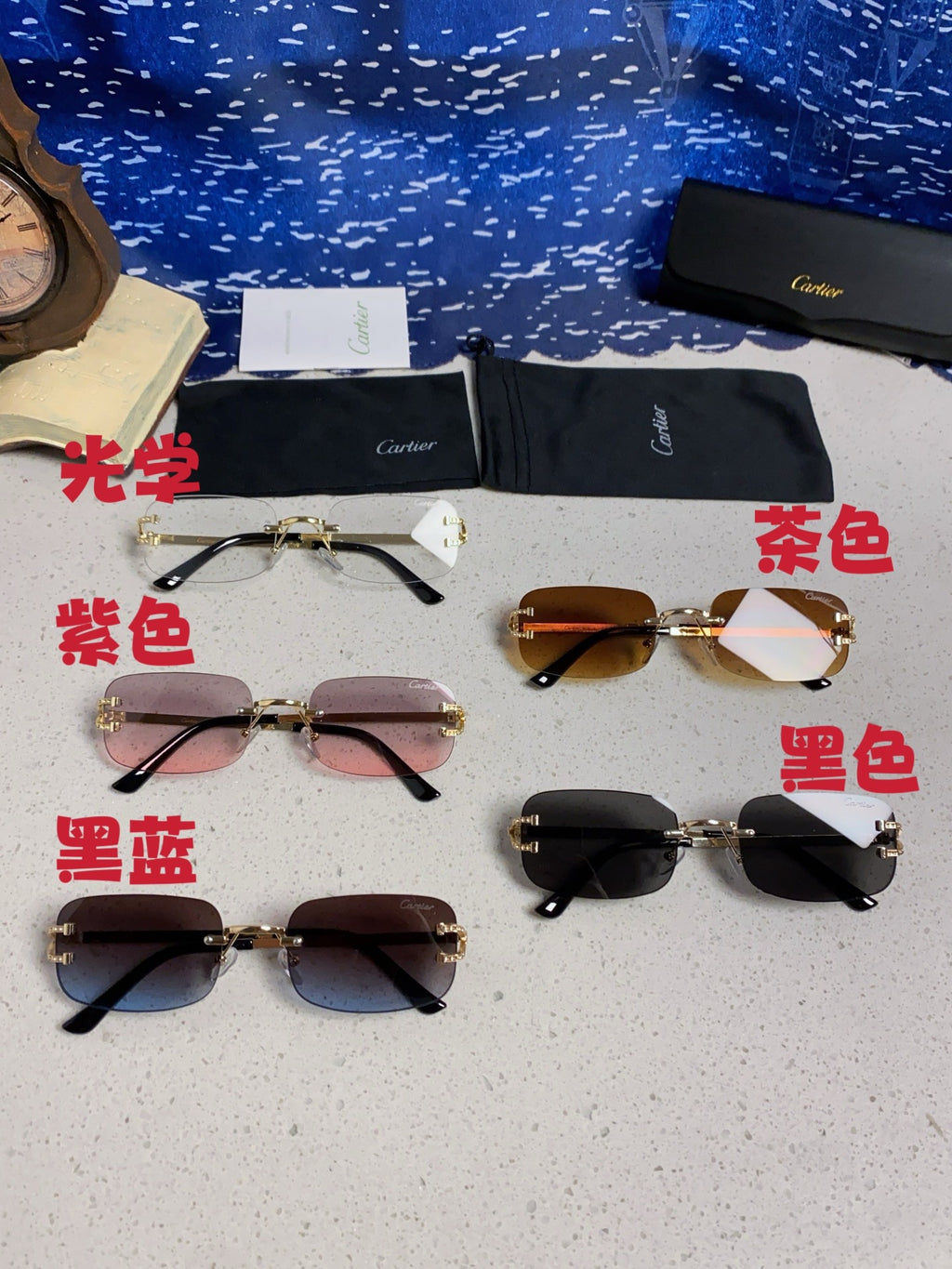 Cartier Lightweight Rimless Blue Lens Sunglasses for Men & Women - 449479 - detail image 12