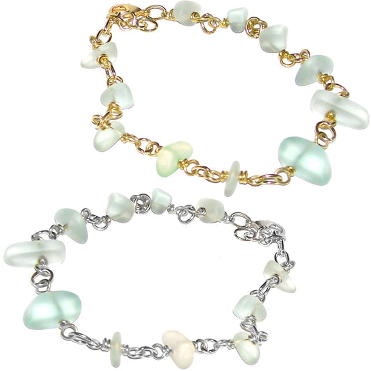 01 Artisan gold/silver twisted wire links, cultured sea glass small nugget beads bracelet | aka, beach tumbled | light Green