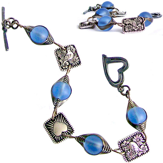 Artisan bracelet gun metal cultured SEA GLASS wire-wrapped 10mm round, 8x8mm square pewter flat detailed beads & heart toggle clasp - sapphire