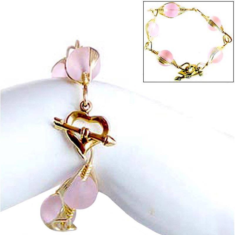 Artisan bracelet gold cultured SEA GLASS wire-wrapped non-tarnish 10mm round beads & toggle clasp - pink