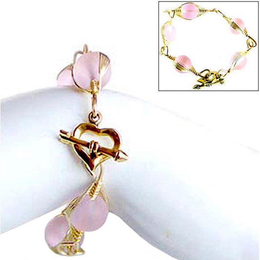 Artisan bracelet gold cultured SEA GLASS wire-wrapped non-tarnish 10mm round beads & toggle clasp - pink