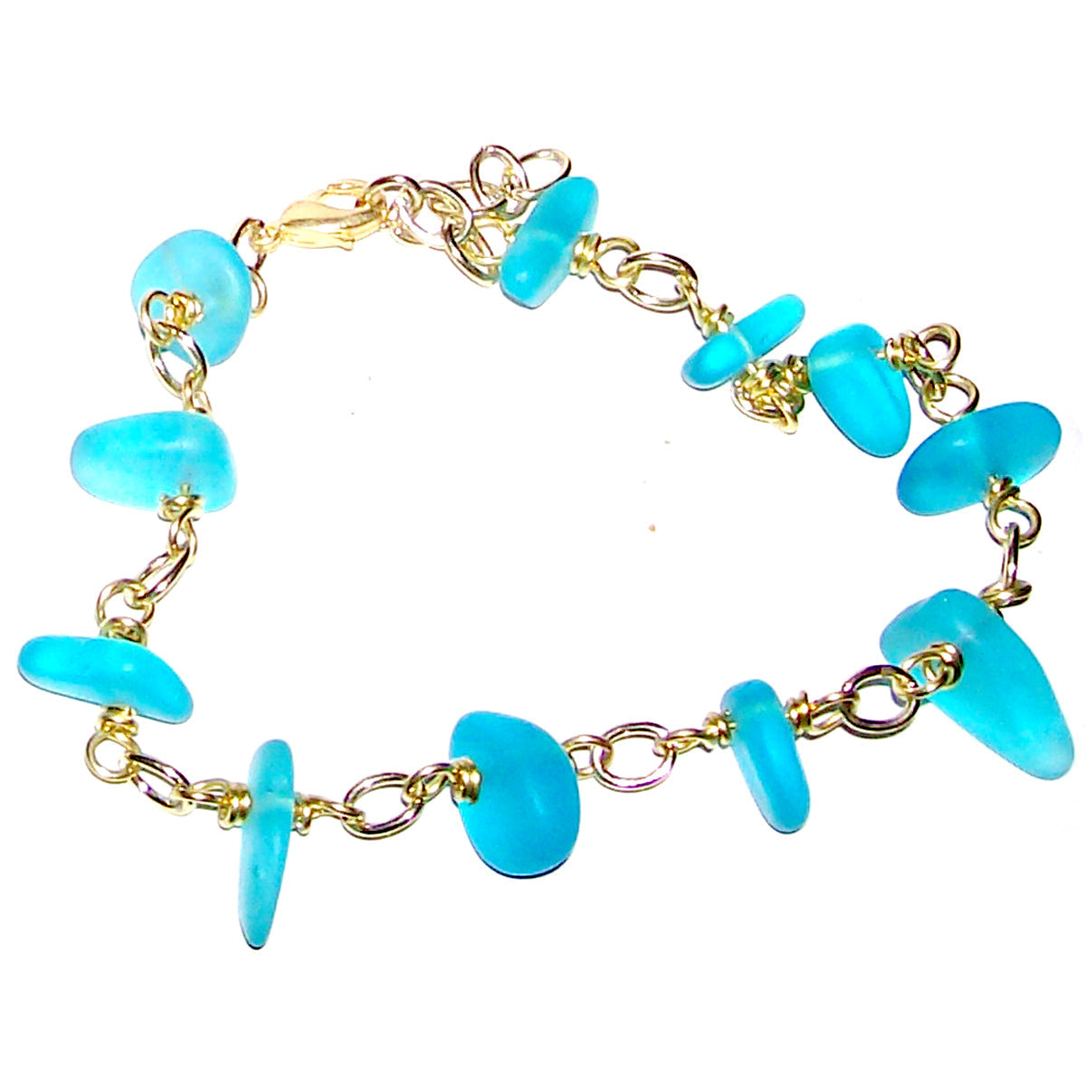 01 Artisan gold/silver twisted wire links, cultured sea glass small nugget beads bracelet | aka, beach tumbled | Blue