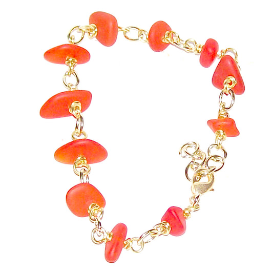 01 Artisan gold/silver twisted wire links, cultured sea glass small nugget beads bracelet | aka, beach tumbled | Orange