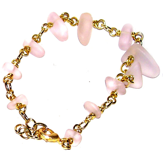 01 Artisan gold/silver twisted wire links, cultured sea glass small nugget beads bracelet | aka, beach tumbled | Pink
