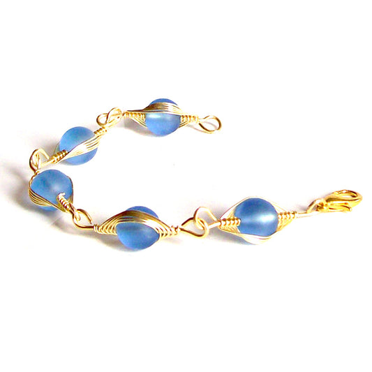 Artisan bracelet gold cultured SEA GLASS wire-wrapped non-tarnish 10mm round beads & toggle clasp - sapphire