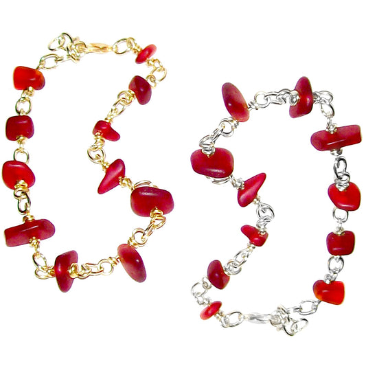 01 Artisan gold/silver twisted wire links, cultured sea glass small nugget beads bracelet | aka, beach tumbled | Red