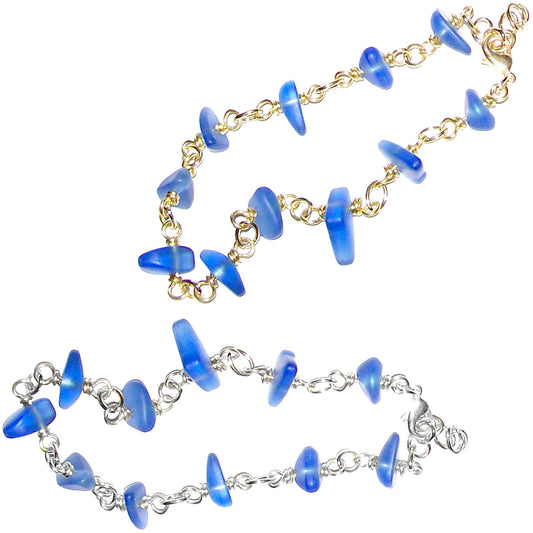 01 Artisan gold/si;ver twisted wire links, cultured sea glass small nugget beads bracelet | aka, beach tumbled | Sapphire Blue