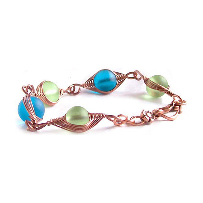 Artisan bracelet antiqued copper cultured SEA GLASS wire-wrapped . 10mm round beads & hook clasp - green & blue