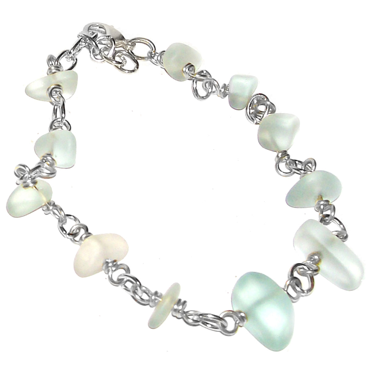 01 Artisan gold/silver twisted wire links, cultured sea glass small nugget beads bracelet | aka, beach tumbled | light Green