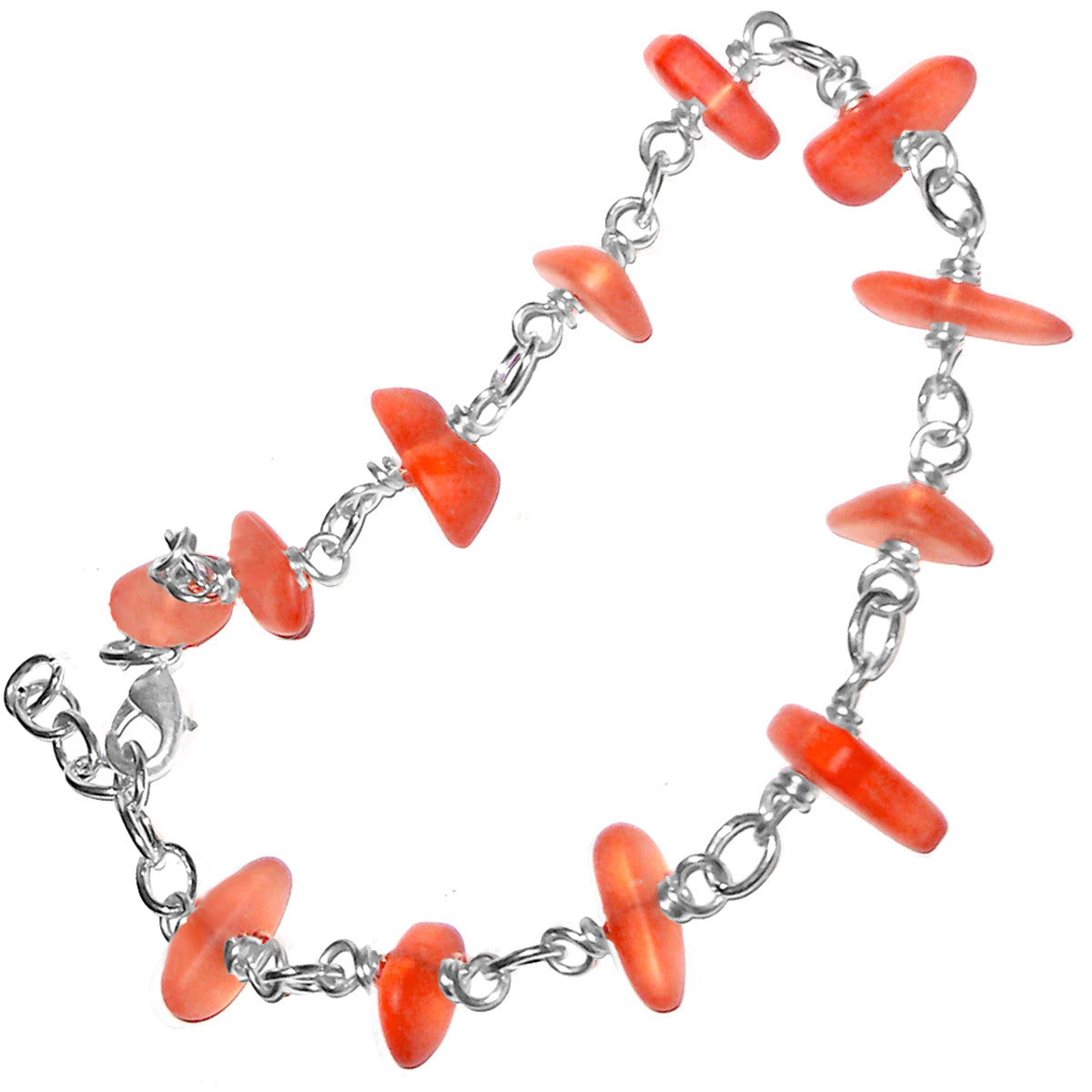01 Artisan gold/silver twisted wire links, cultured sea glass small nugget beads bracelet | aka, beach tumbled | Orange