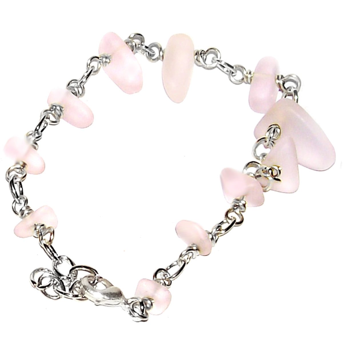 01 Artisan gold/silver twisted wire links, cultured sea glass small nugget beads bracelet | aka, beach tumbled | Pink