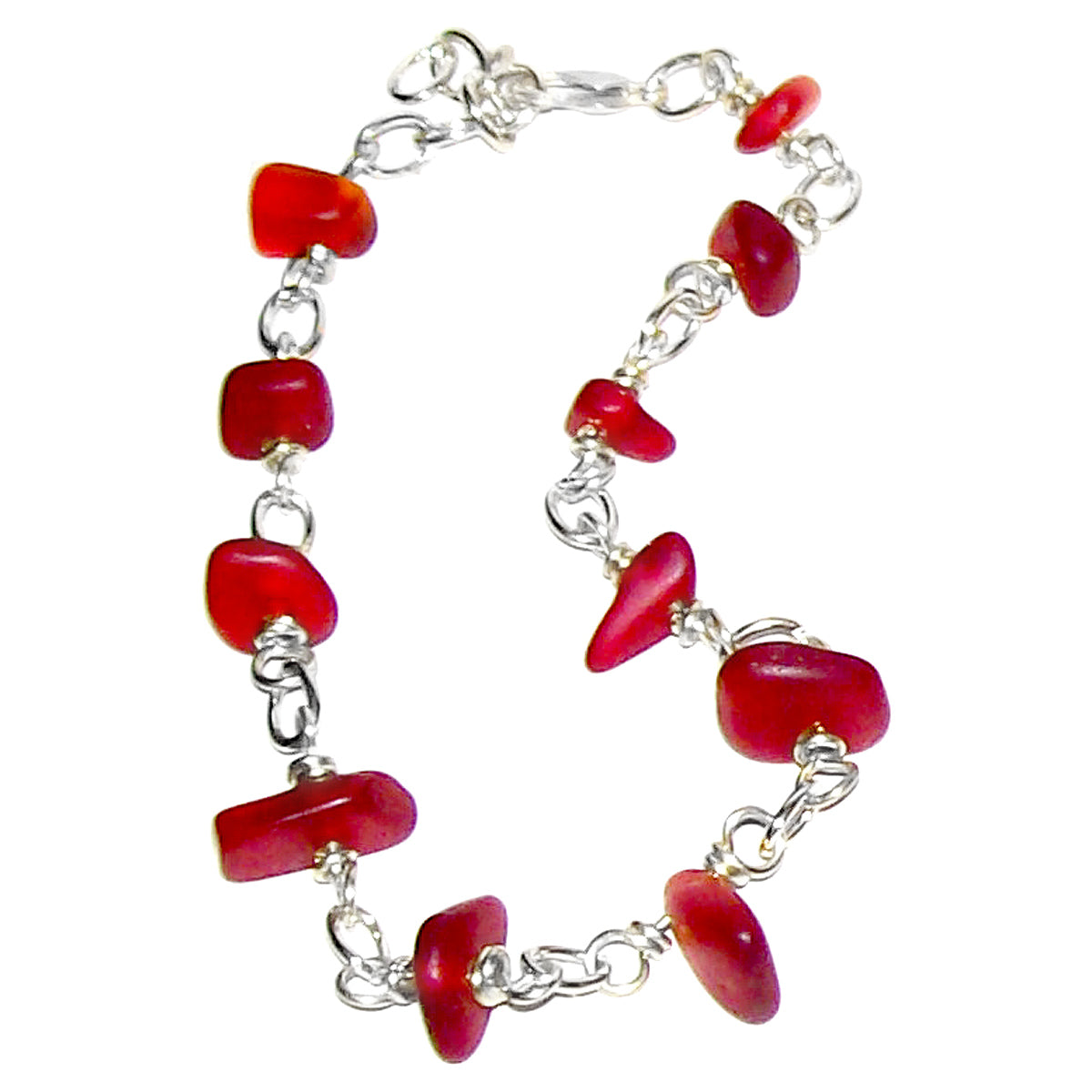01 Artisan gold/silver twisted wire links, cultured sea glass small nugget beads bracelet | aka, beach tumbled | Red