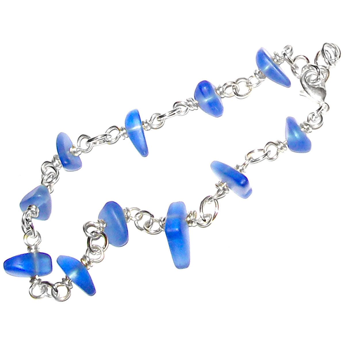 01 Artisan gold/si;ver twisted wire links, cultured sea glass small nugget beads bracelet | aka, beach tumbled | Sapphire Blue